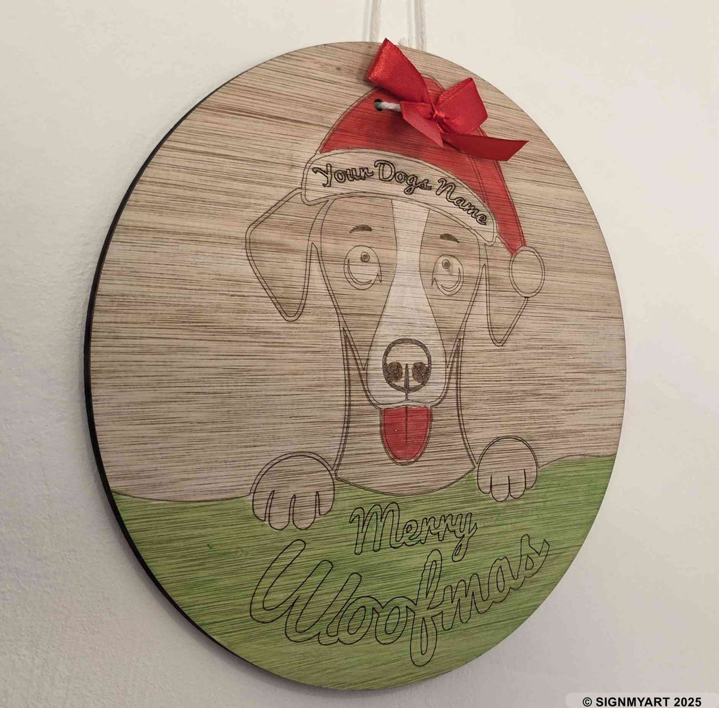 Personalised Merry Woofmas Whippet Sign – Custom Dog Name Christmas Bauble Plaque Decoration