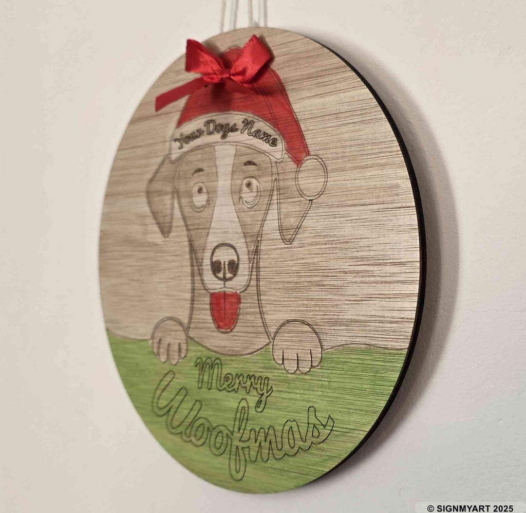 Personalised Merry Woofmas Whippet Sign – Custom Dog Name Christmas Bauble Plaque Decoration