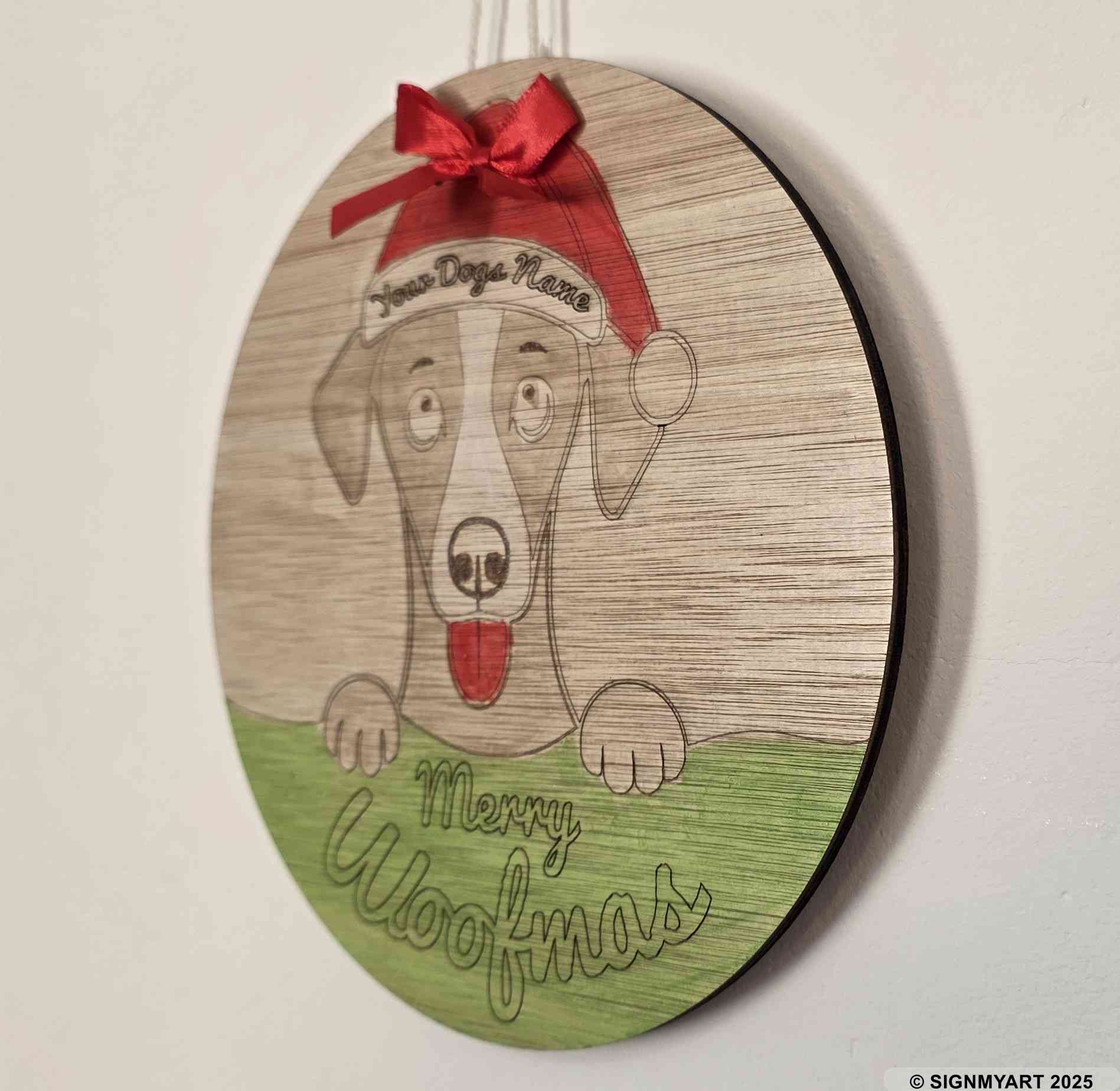 Personalised Merry Woofmas Whippet Sign – Custom Dog Name Christmas Bauble Plaque Decoration