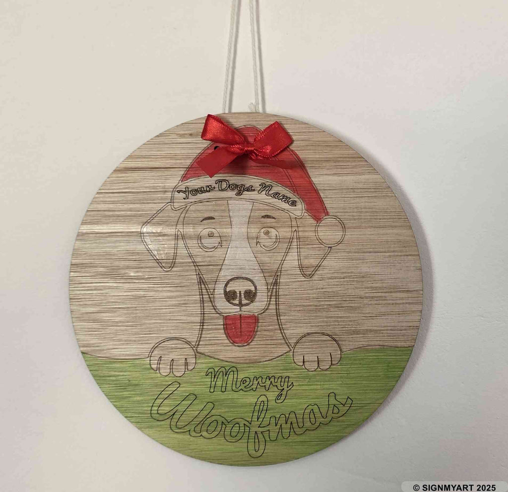 Personalised Merry Woofmas Whippet Sign – Custom Dog Name Christmas Bauble Plaque Decoration