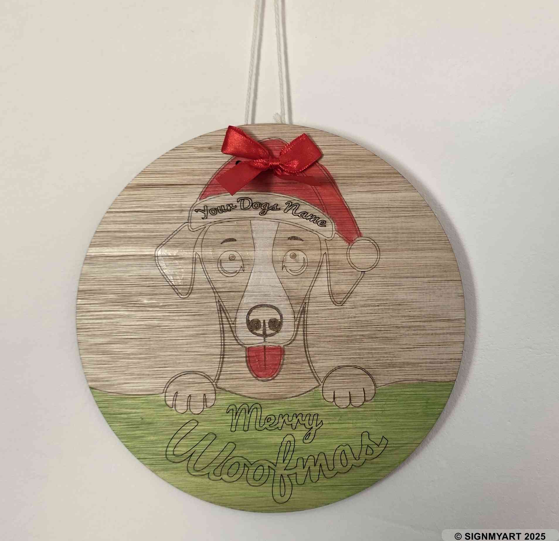 Personalised Merry Woofmas Whippet Sign – Custom Dog Name Christmas Bauble Plaque Decoration