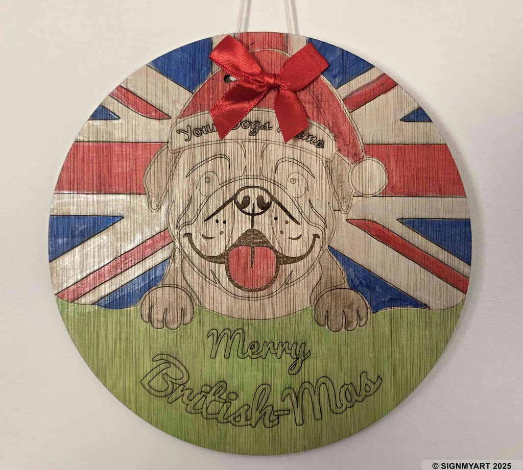 Personalised Merry Woofmas English Bulldog Sign – Custom Dog Name Christmas Bauble Plaque Decoration