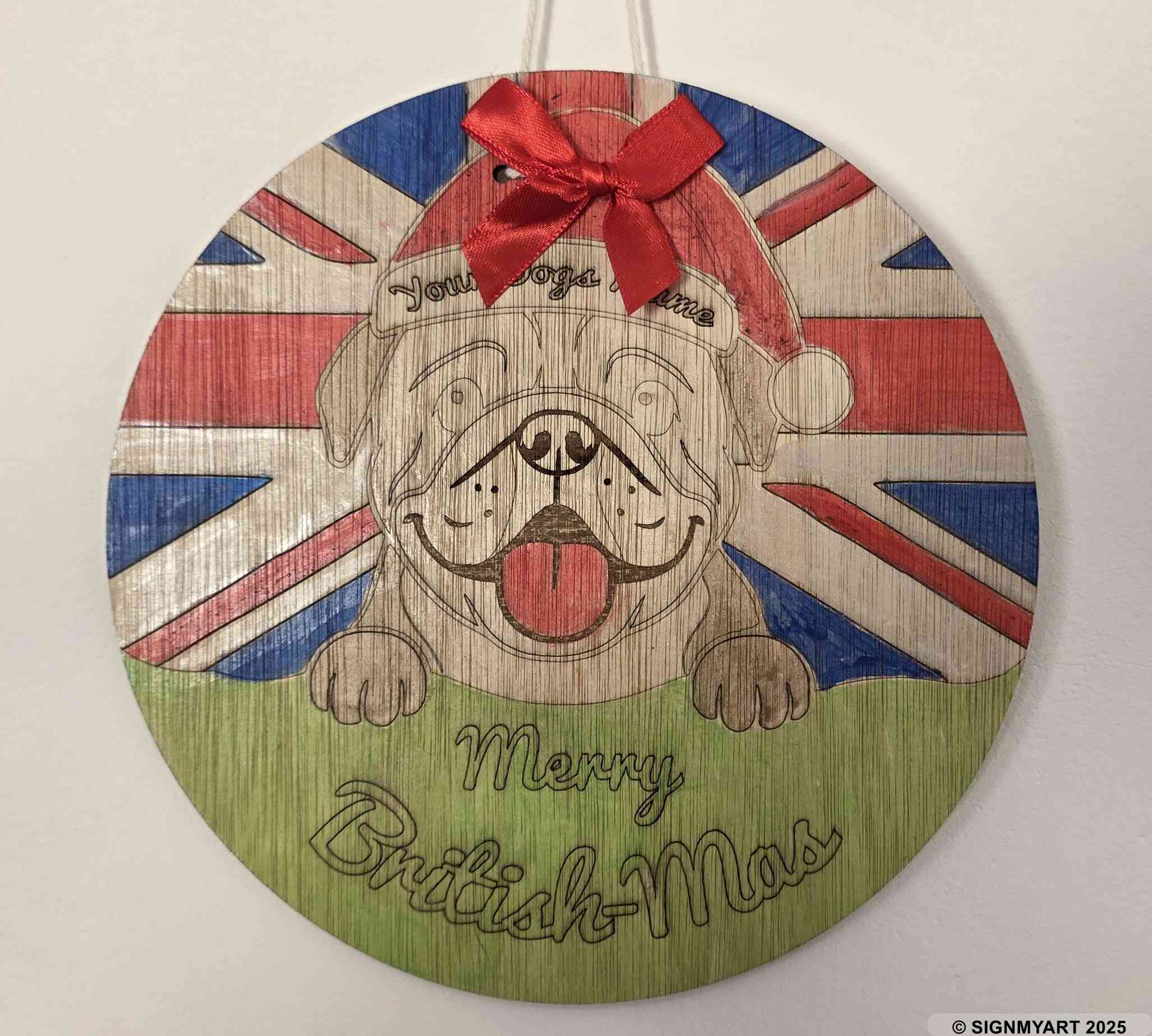 Personalised Merry Woofmas English Bulldog Sign – Custom Dog Name Christmas Bauble Plaque Decoration