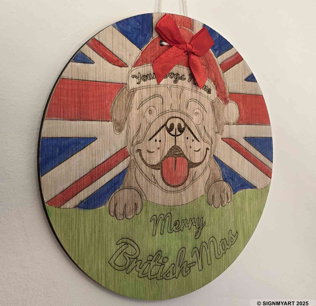 Personalised Merry Woofmas English Bulldog Sign – Custom Dog Name Christmas Bauble Plaque Decoration