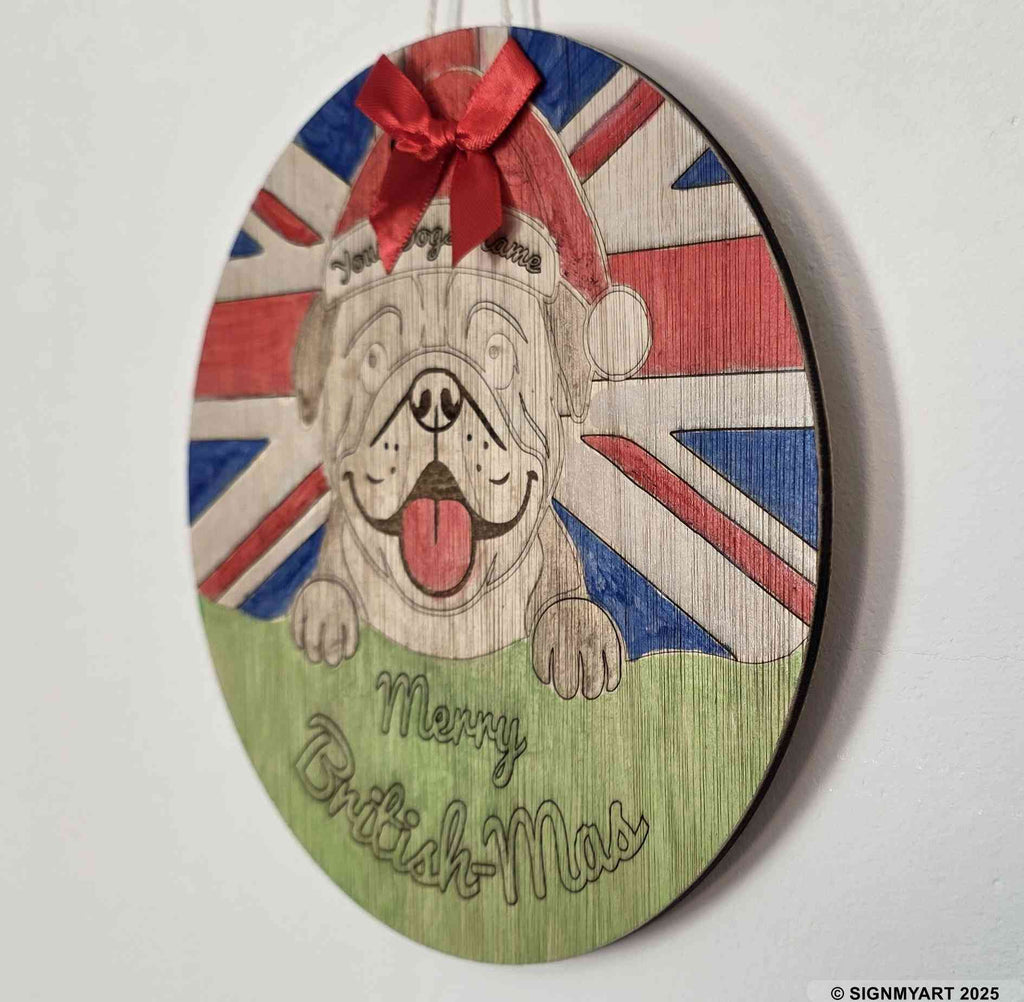 Personalised Merry Woofmas English Bulldog Sign – Custom Dog Name Christmas Bauble Plaque Decoration