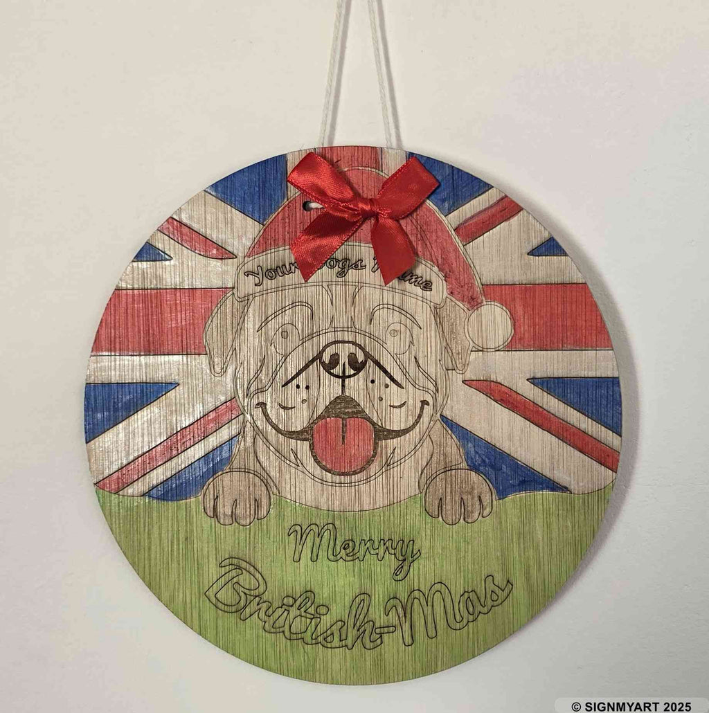 Personalised Merry Woofmas English Bulldog Sign – Custom Dog Name Christmas Bauble Plaque Decoration