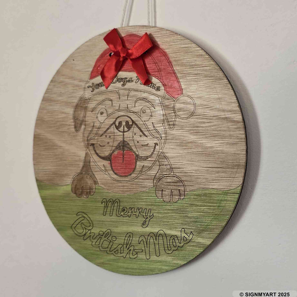 Personalised Merry Woofmas English Bulldog Sign – Custom Dog Name Christmas Bauble Plaque Decoration