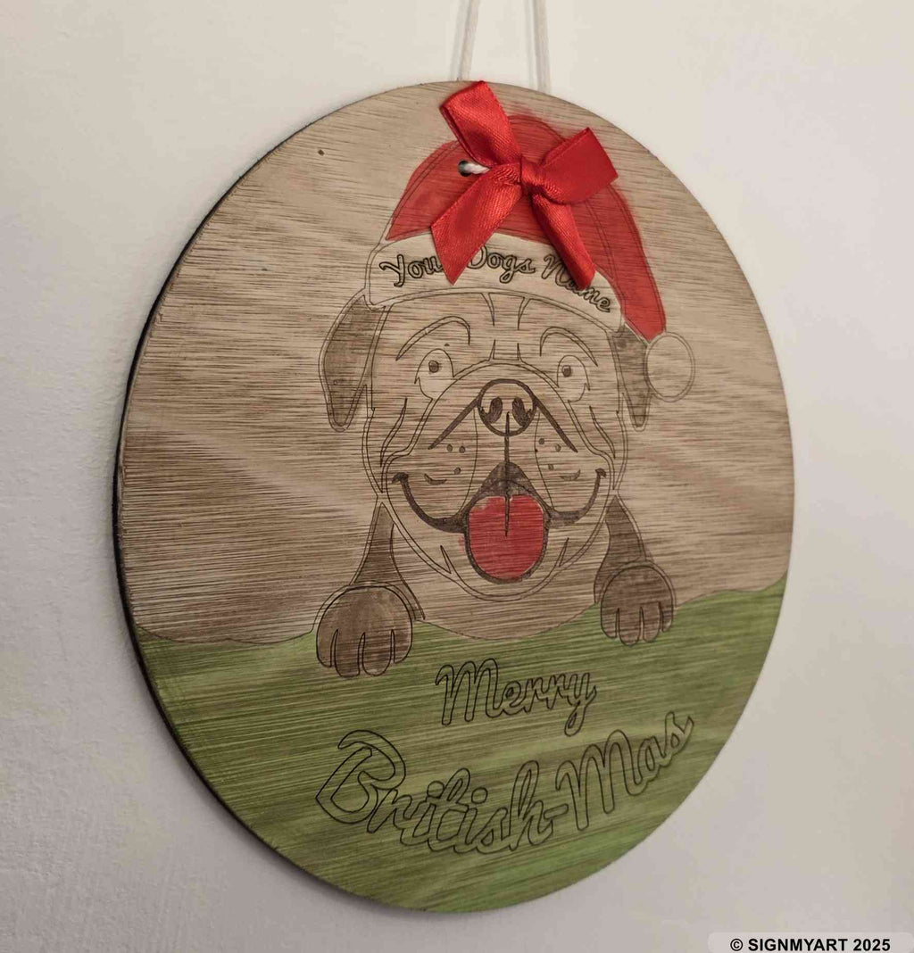 Personalised Merry Woofmas English Bulldog Sign – Custom Dog Name Christmas Bauble Plaque Decoration