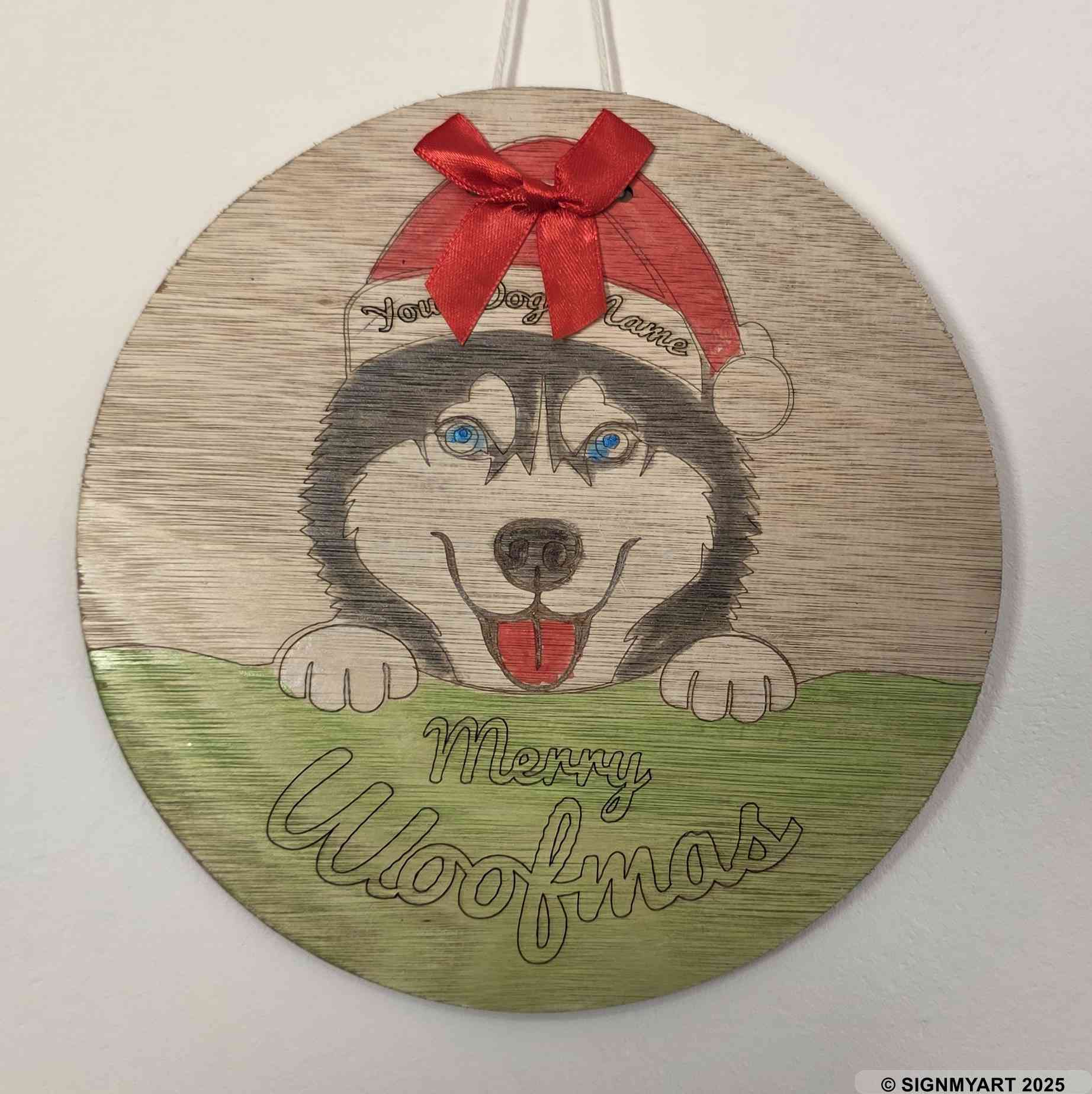 Personalised Merry Woofmas Siberian Husky Sign – Custom Dog Name Christmas Bauble Plaque Decoration