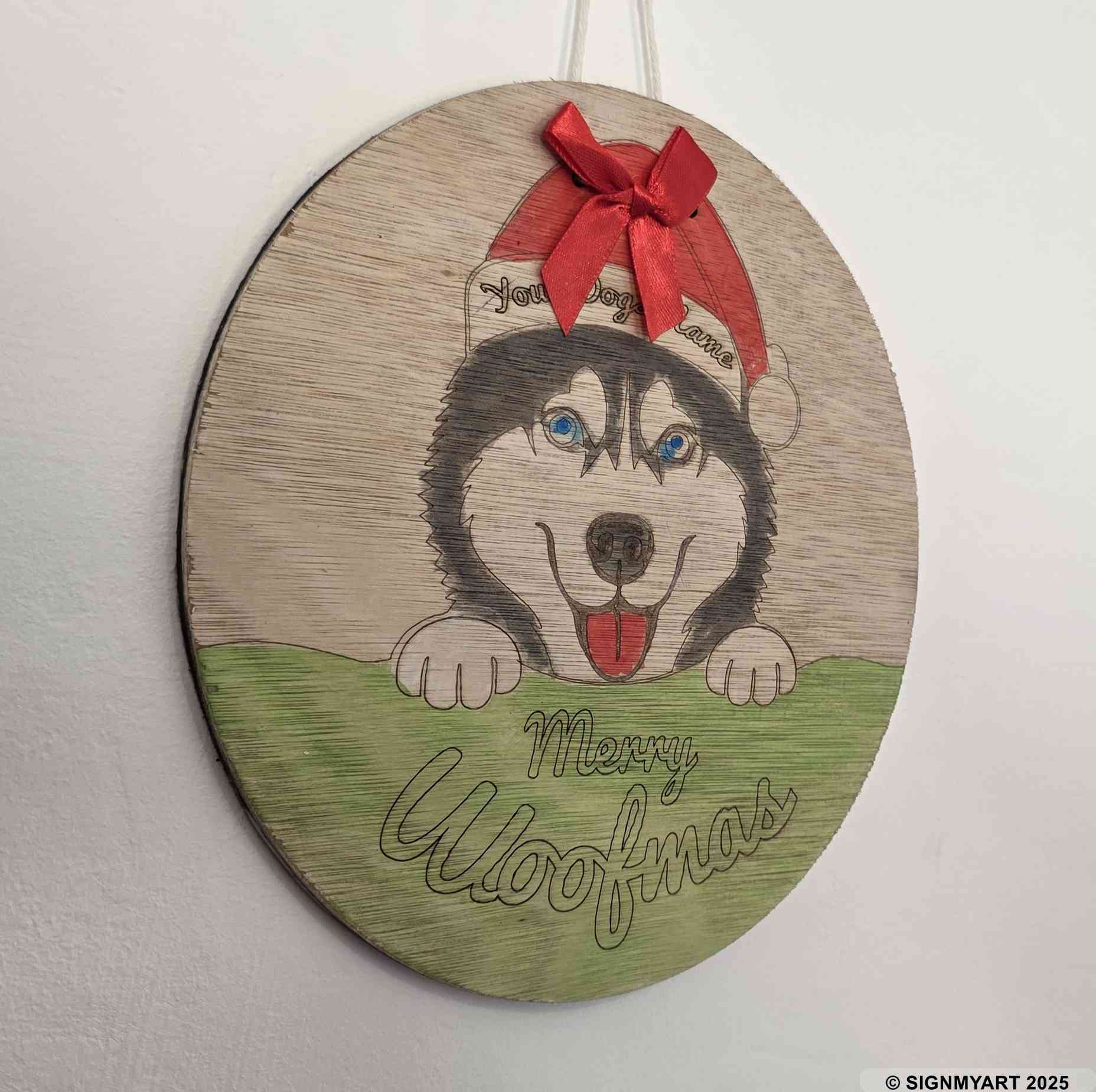 Personalised Merry Woofmas Siberian Husky Sign – Custom Dog Name Christmas Bauble Plaque Decoration