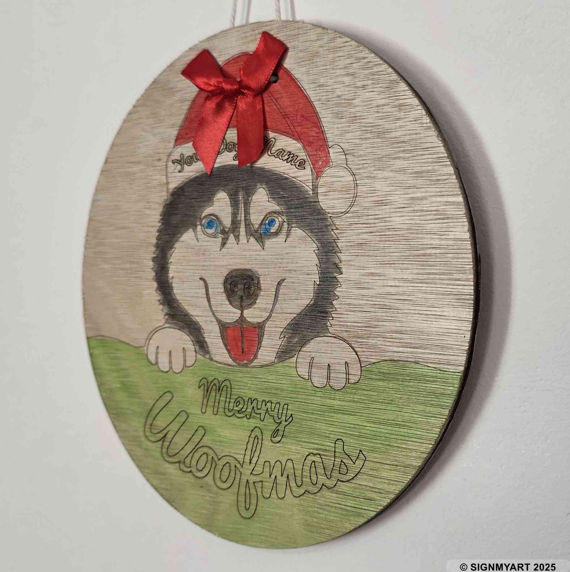 Personalised Merry Woofmas Siberian Husky Sign – Custom Dog Name Christmas Bauble Plaque Decoration