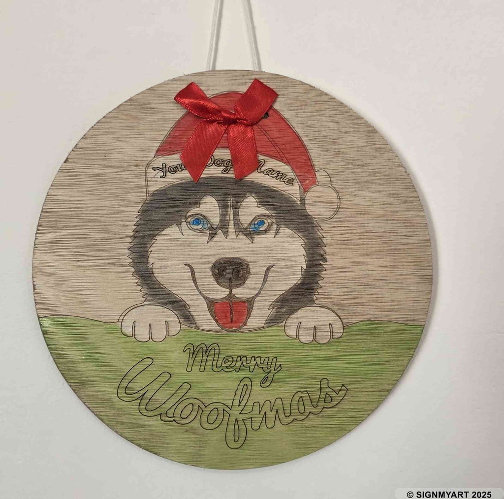 Personalised Merry Woofmas Siberian Husky Sign – Custom Dog Name Christmas Bauble Plaque Decoration