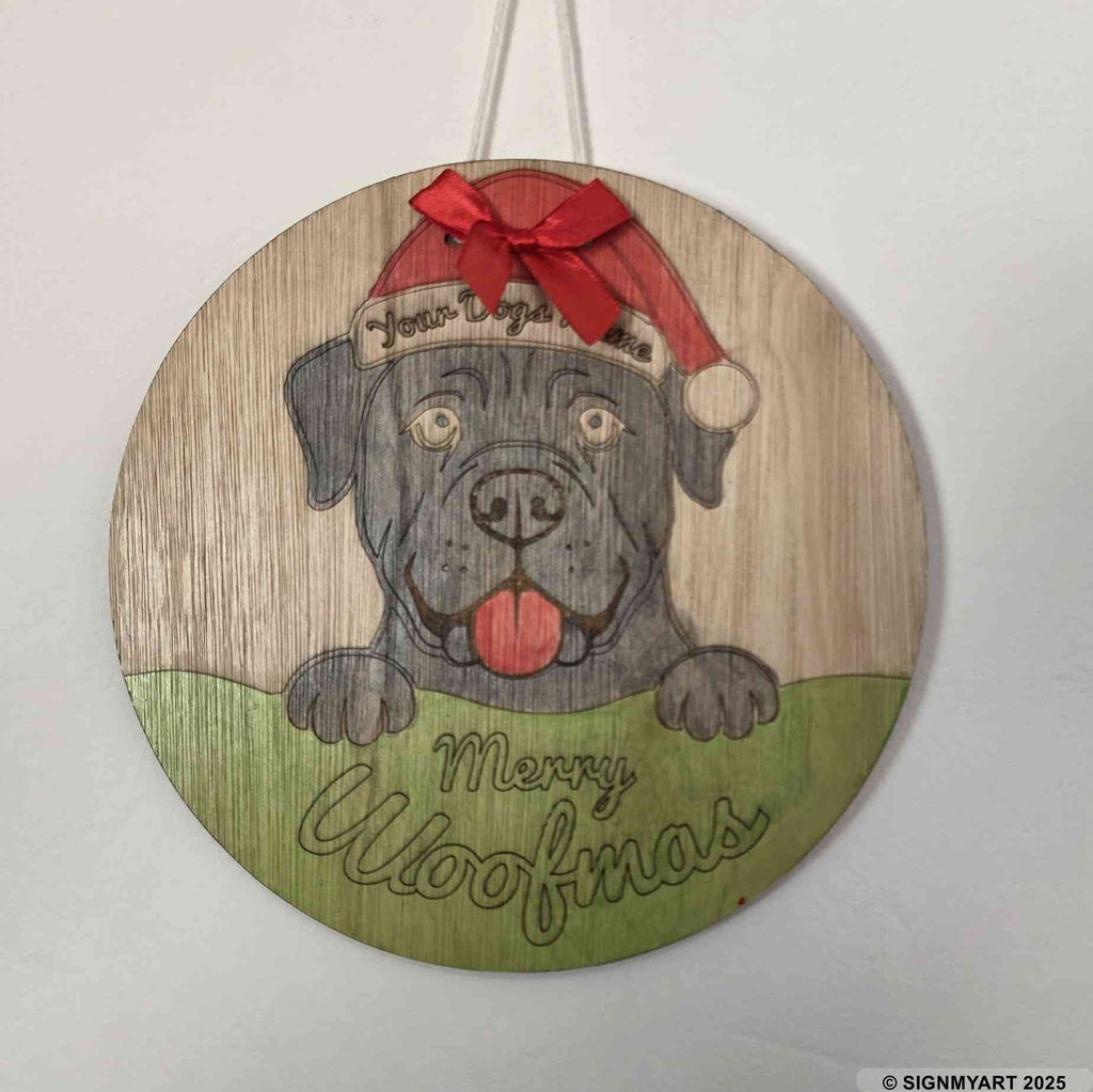 Personalised Merry Woofmas Cano Corso Sign – Custom Dog Name Christmas Bauble Plaque Decoration