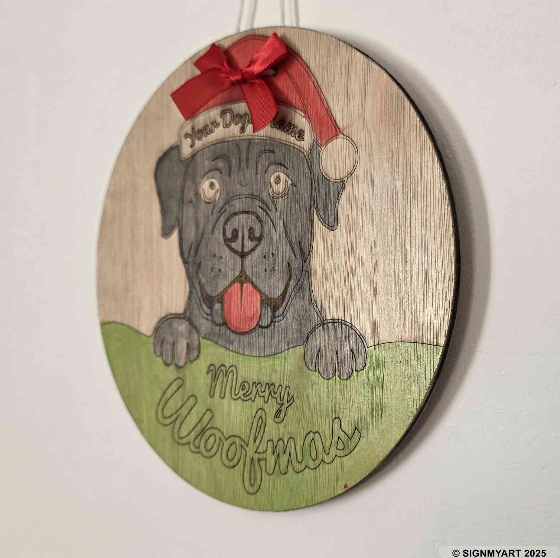 Personalised Merry Woofmas Cano Corso Sign – Custom Dog Name Christmas Bauble Plaque Decoration