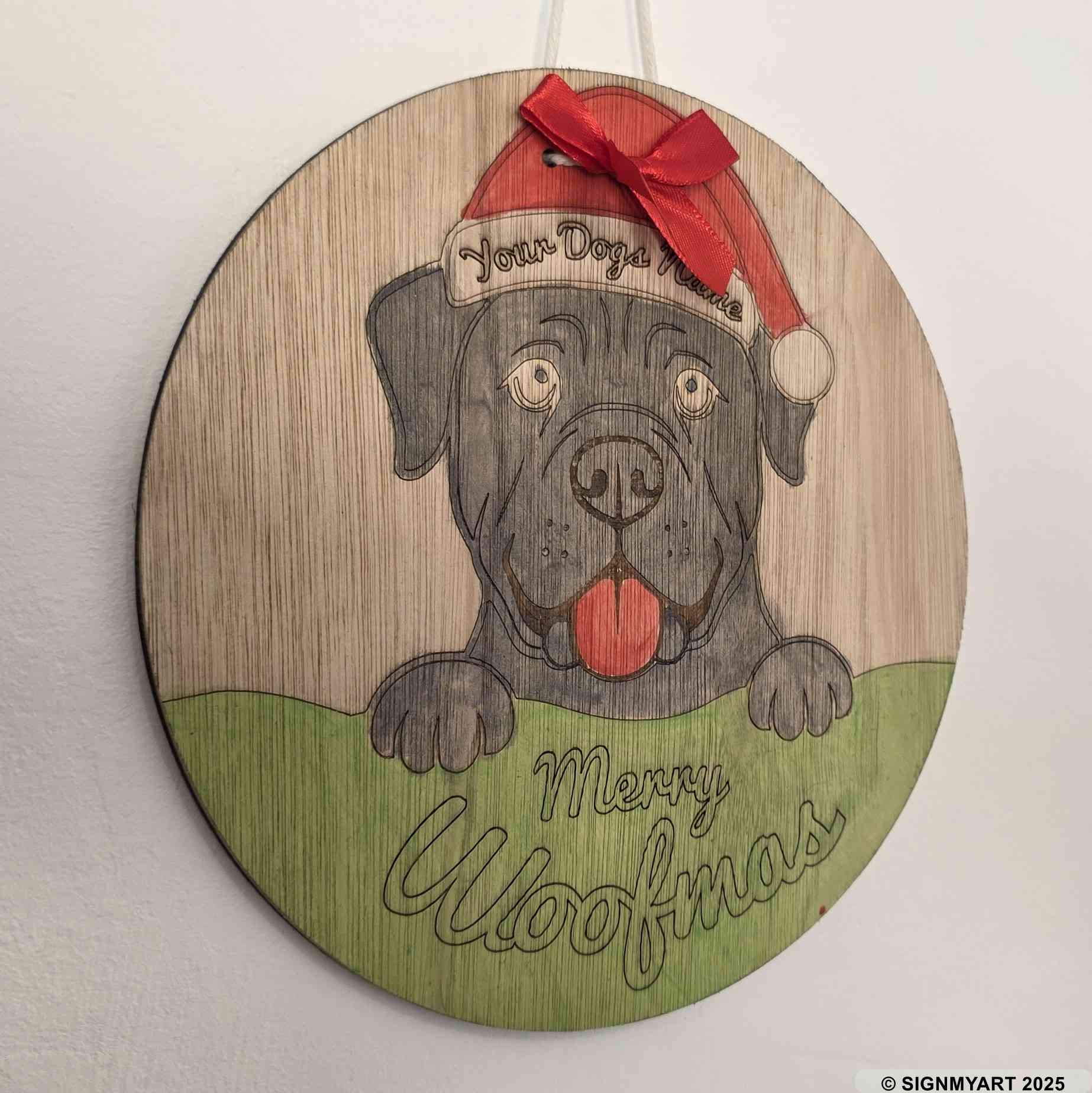 Personalised Merry Woofmas Cano Corso Sign – Custom Dog Name Christmas Bauble Plaque Decoration