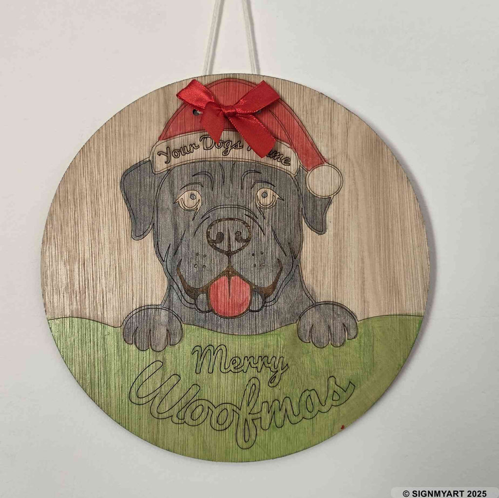 Personalised Merry Woofmas Cano Corso Sign – Custom Dog Name Christmas Bauble Plaque Decoration