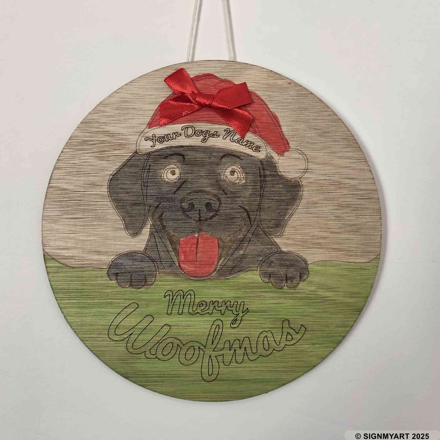 Personalised Merry Woofmas Labrador Sign – Custom Dog Name Christmas Bauble Plaque Decoration