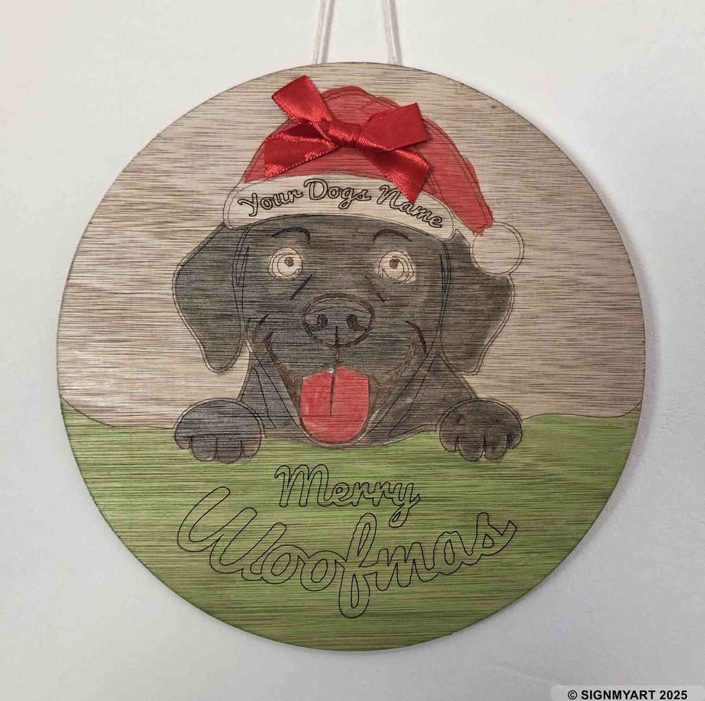 Personalised Merry Woofmas Labrador Sign – Custom Dog Name Christmas Bauble Plaque Decoration