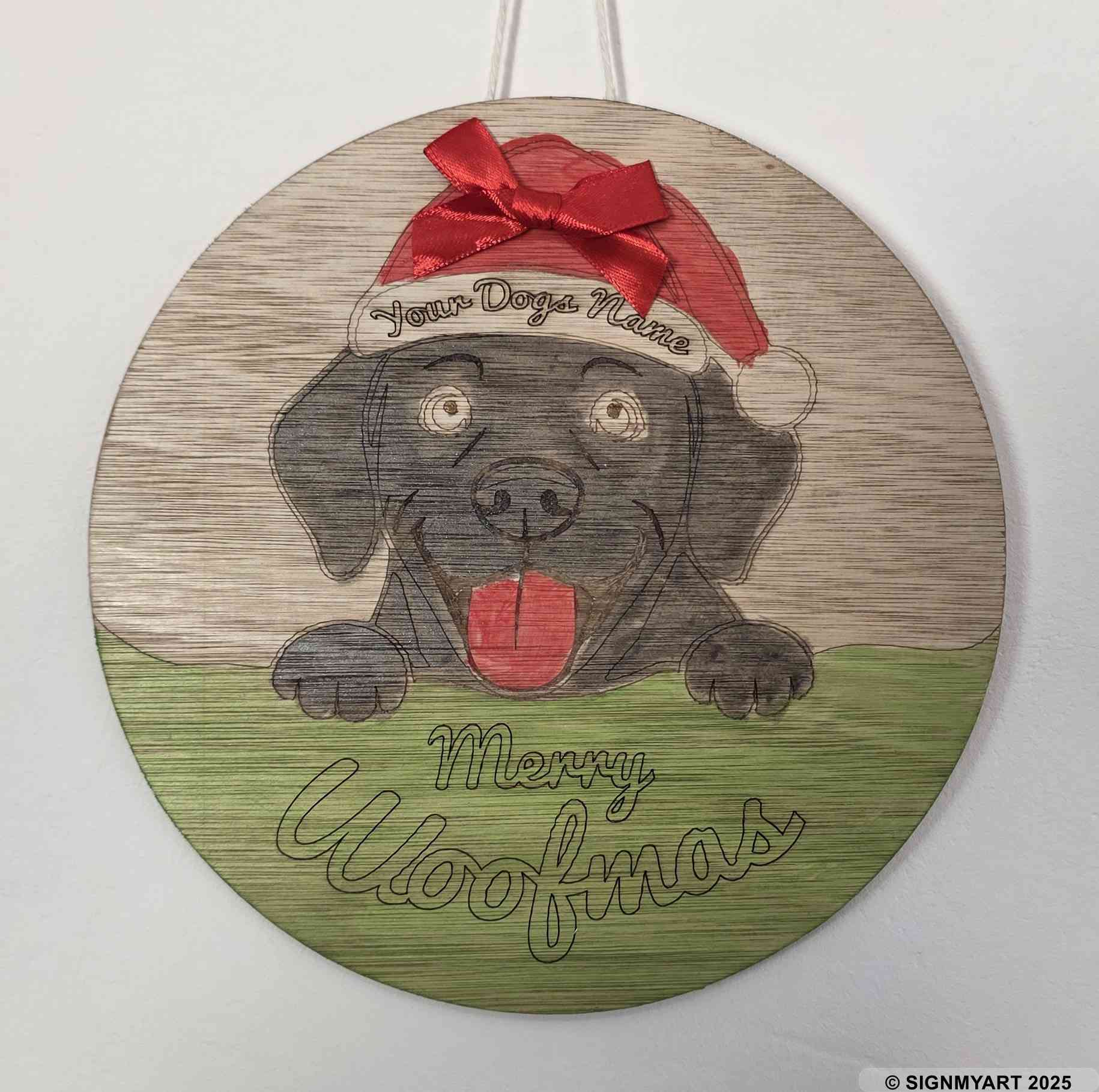 Personalised Merry Woofmas Labrador Sign – Custom Dog Name Christmas Bauble Plaque Decoration