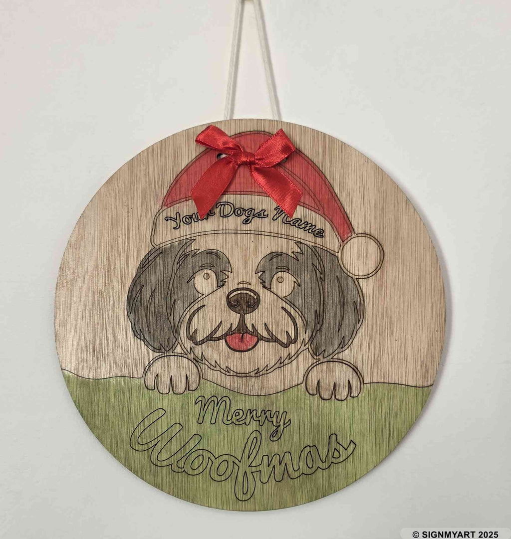 Personalised Merry Woofmas Shih Tzu Sign – Custom Dog Name Christmas Bauble Plaque Decoration