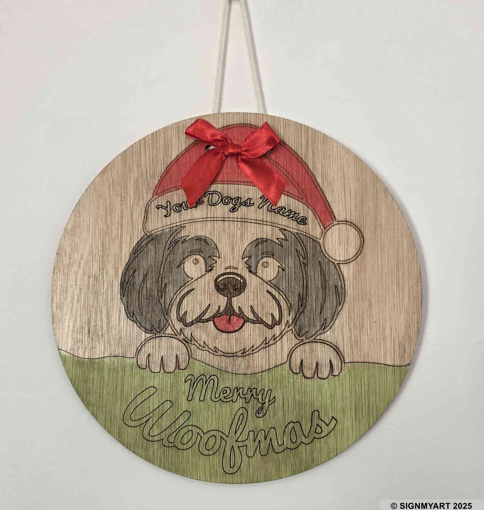 Personalised Merry Woofmas Shih Tzu Sign – Custom Dog Name Christmas Bauble Plaque Decoration