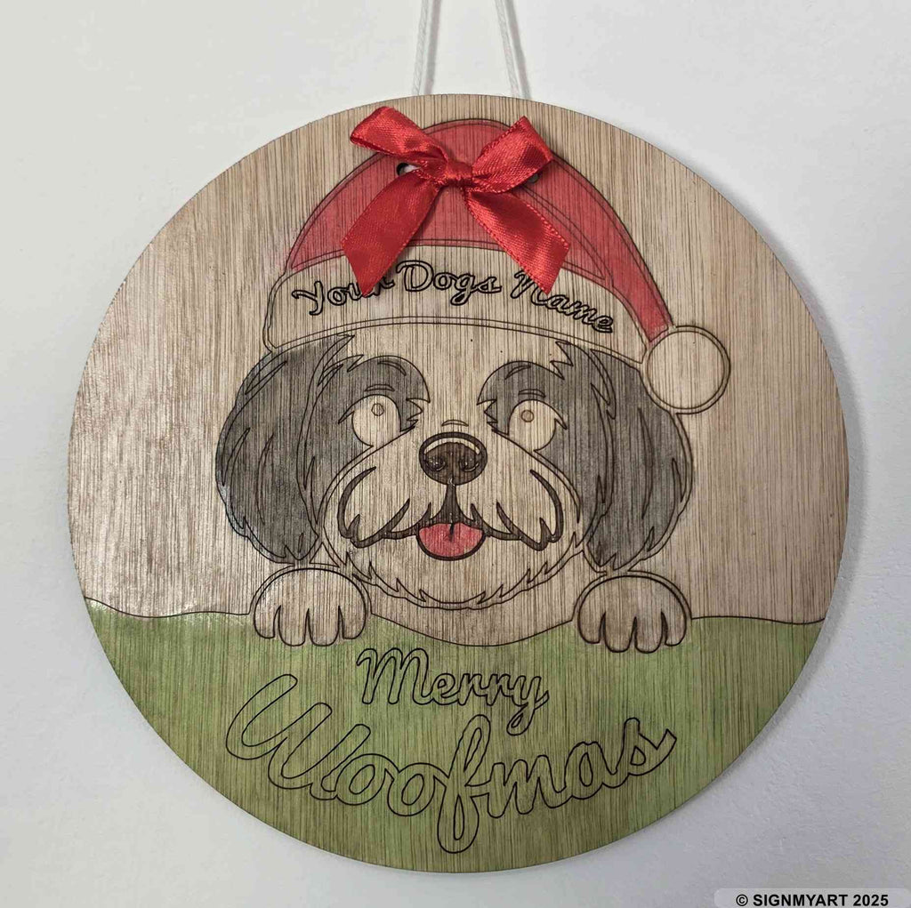 Personalised Merry Woofmas Shih Tzu Sign – Custom Dog Name Christmas Bauble Plaque Decoration