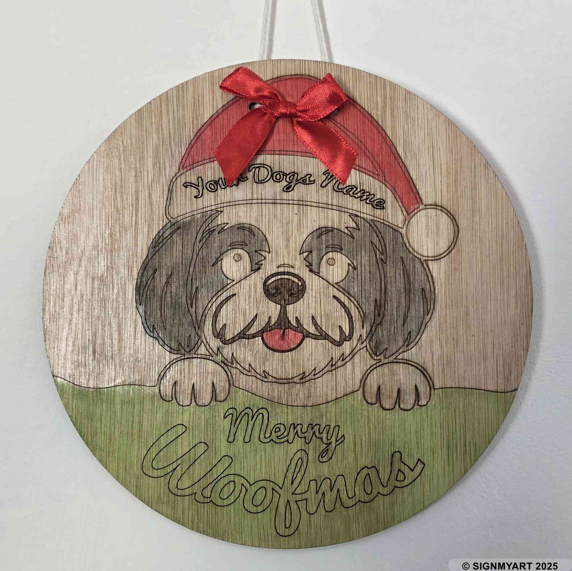 Personalised Merry Woofmas Shih Tzu Sign – Custom Dog Name Christmas Bauble Plaque Decoration