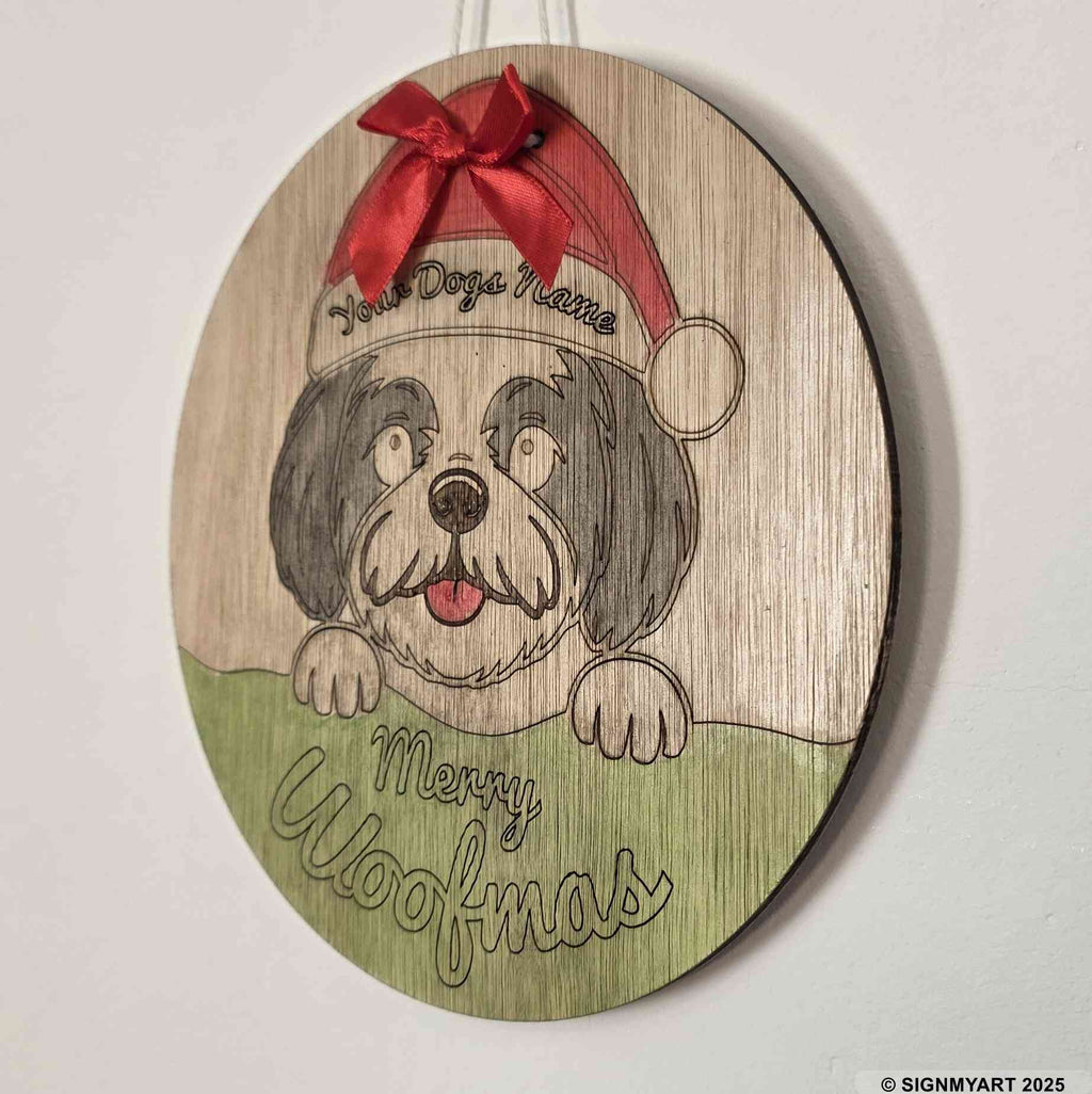 Personalised Merry Woofmas Shih Tzu Sign – Custom Dog Name Christmas Bauble Plaque Decoration
