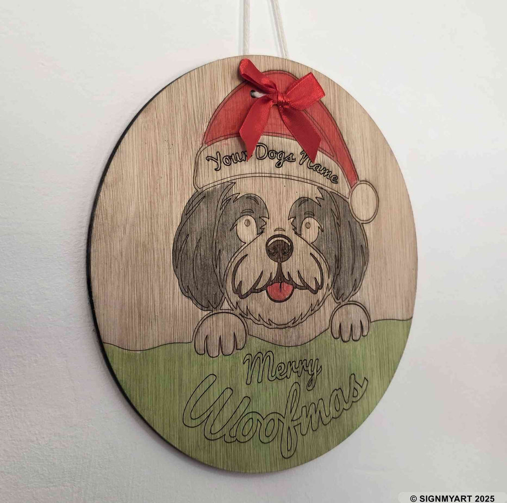 Personalised Merry Woofmas Shih Tzu Sign – Custom Dog Name Christmas Bauble Plaque Decoration