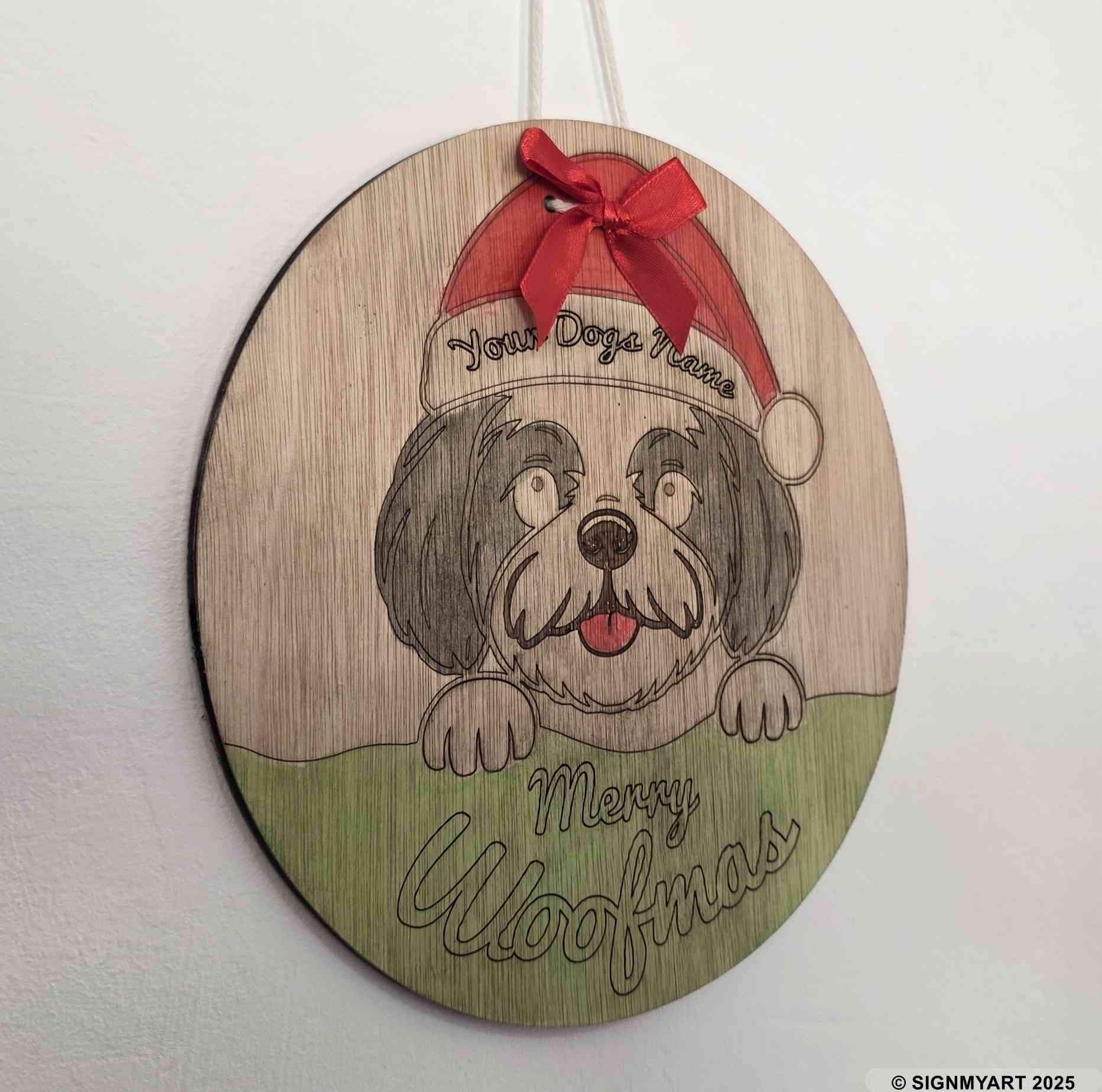 Personalised Merry Woofmas Shih Tzu Sign – Custom Dog Name Christmas Bauble Plaque Decoration