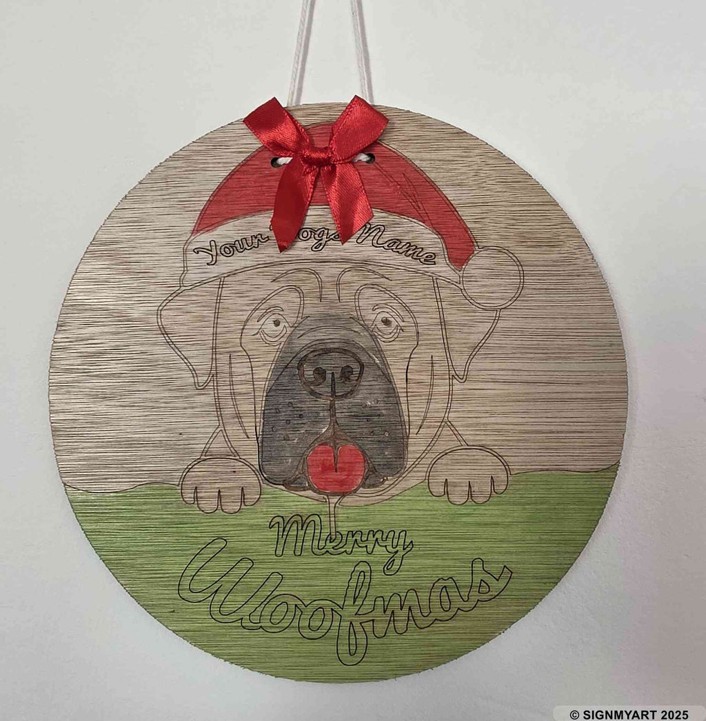 Personalised Merry Woofmas English Mastiff Sign – Custom Dog Name Christmas Bauble Plaque Decoration