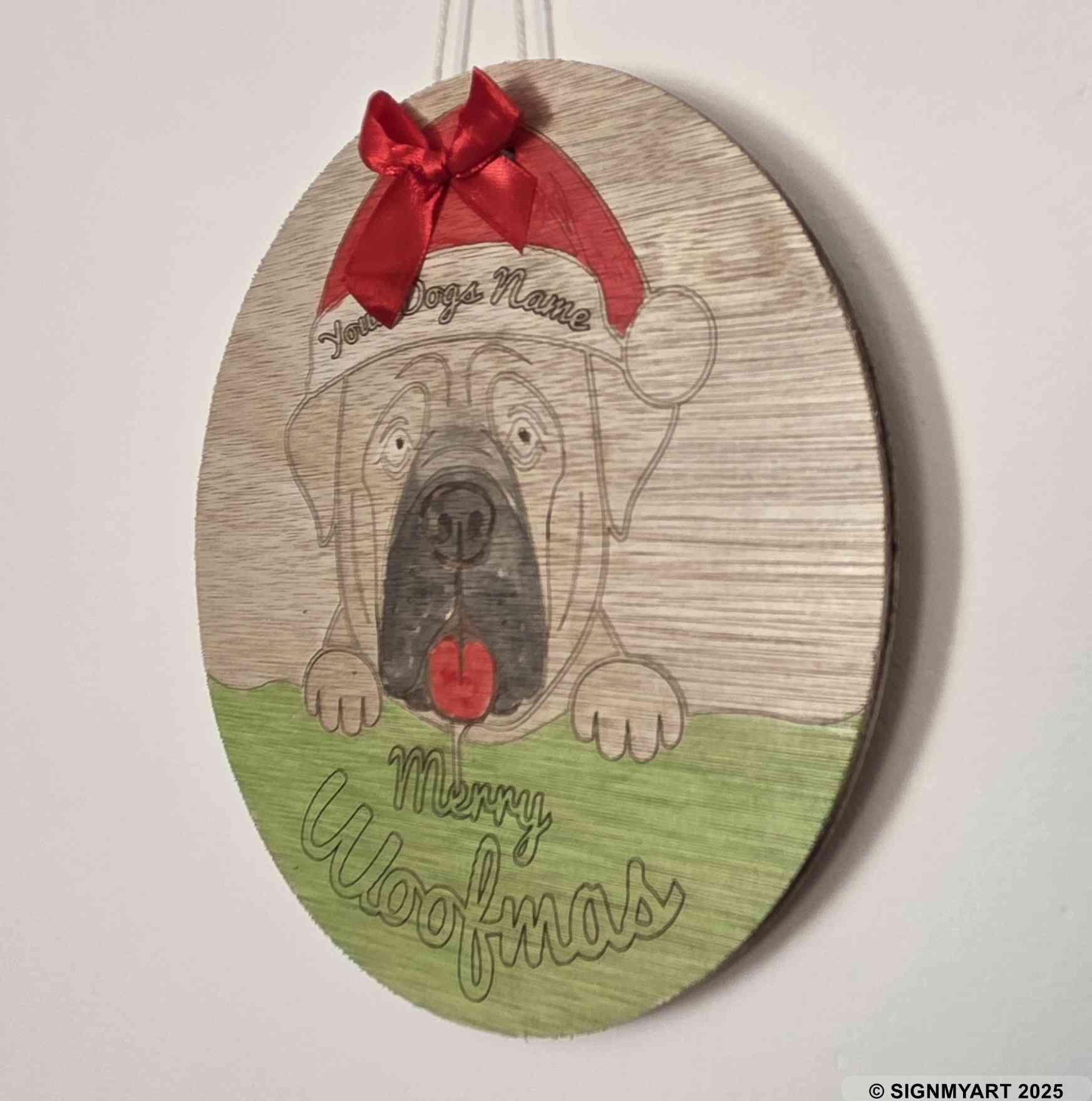 Personalised Merry Woofmas English Mastiff Sign – Custom Dog Name Christmas Bauble Plaque Decoration