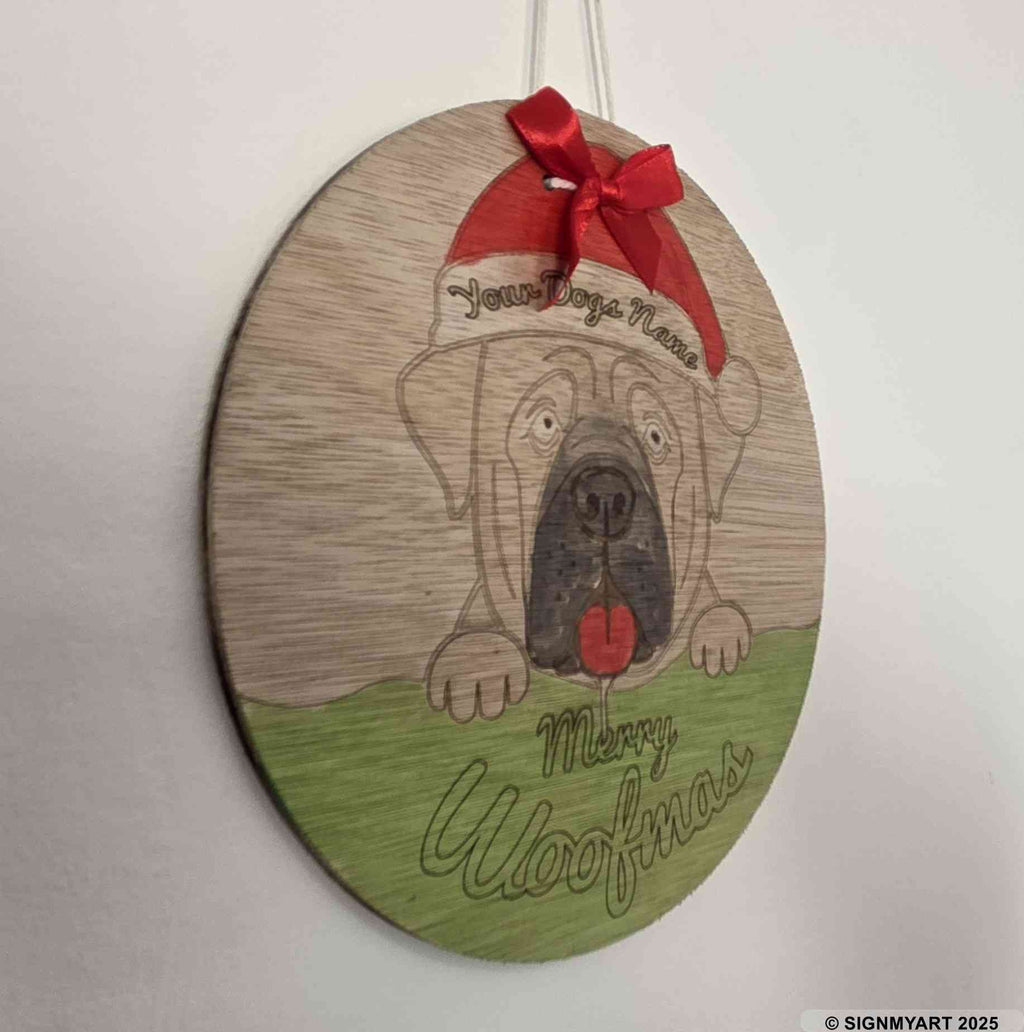 Personalised Merry Woofmas English Mastiff Sign – Custom Dog Name Christmas Bauble Plaque Decoration