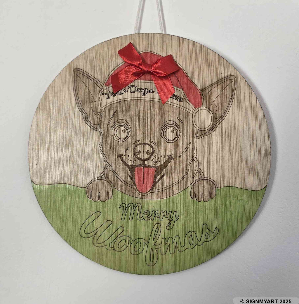 Personalised Merry Woofmas Chihuahua Sign – Custom Dog Name Christmas Bauble Plaque Decoration