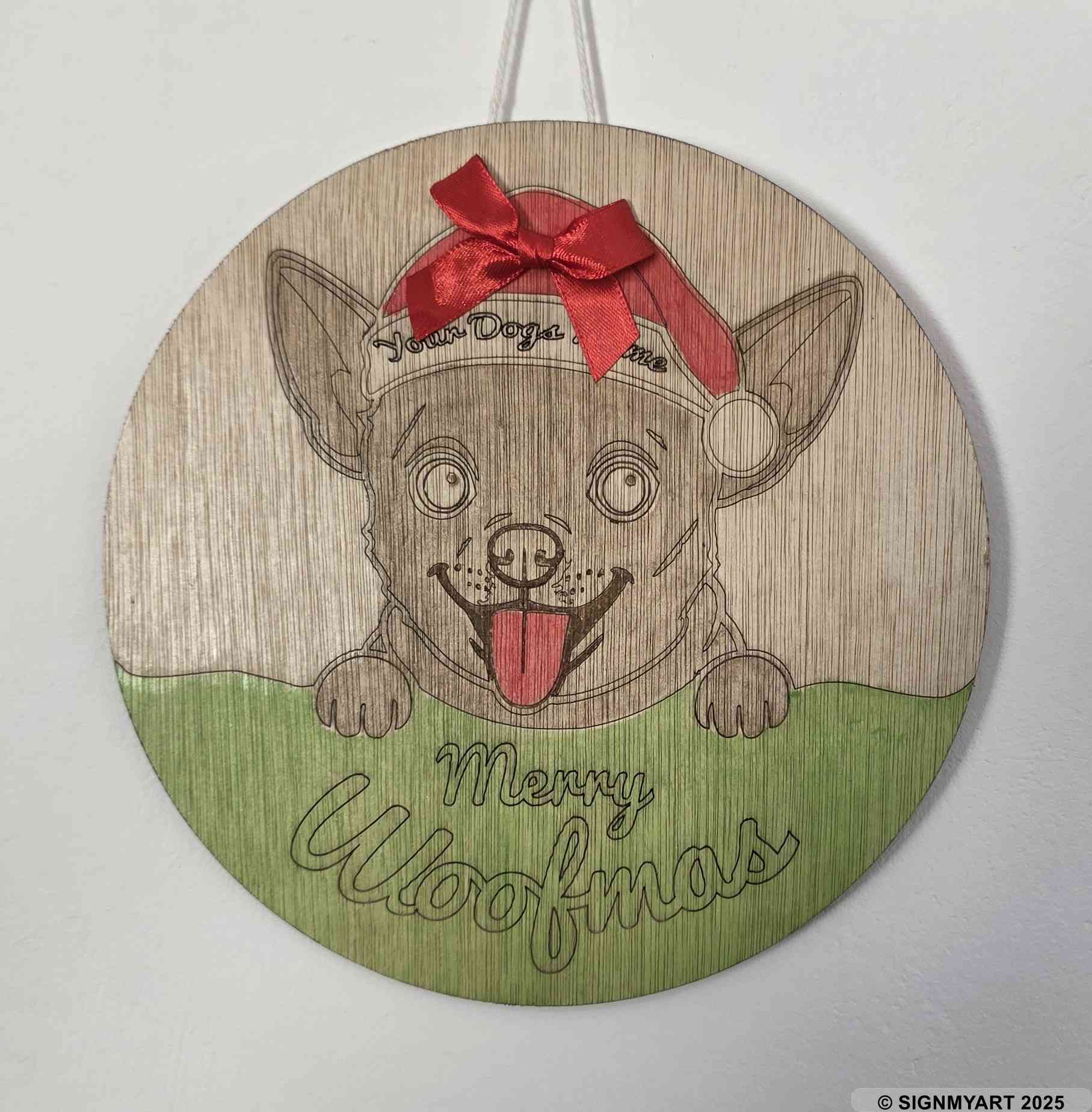 Personalised Merry Woofmas Chihuahua Sign – Custom Dog Name Christmas Bauble Plaque Decoration