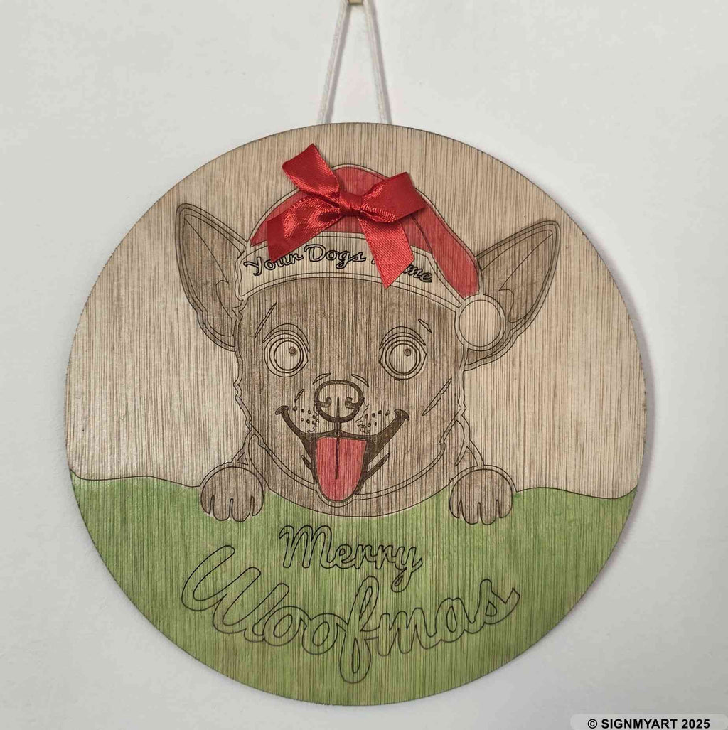 Personalised Merry Woofmas Chihuahua Sign – Custom Dog Name Christmas Bauble Plaque Decoration