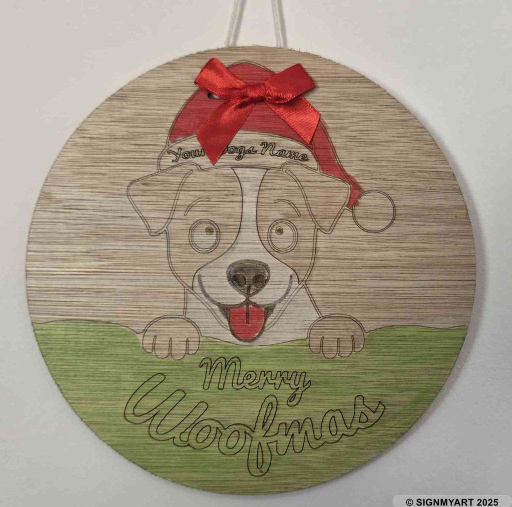 Personalised Merry Woofmas Jack Russell Terriers Sign – Custom Dog Name Christmas Bauble Plaque Decoration