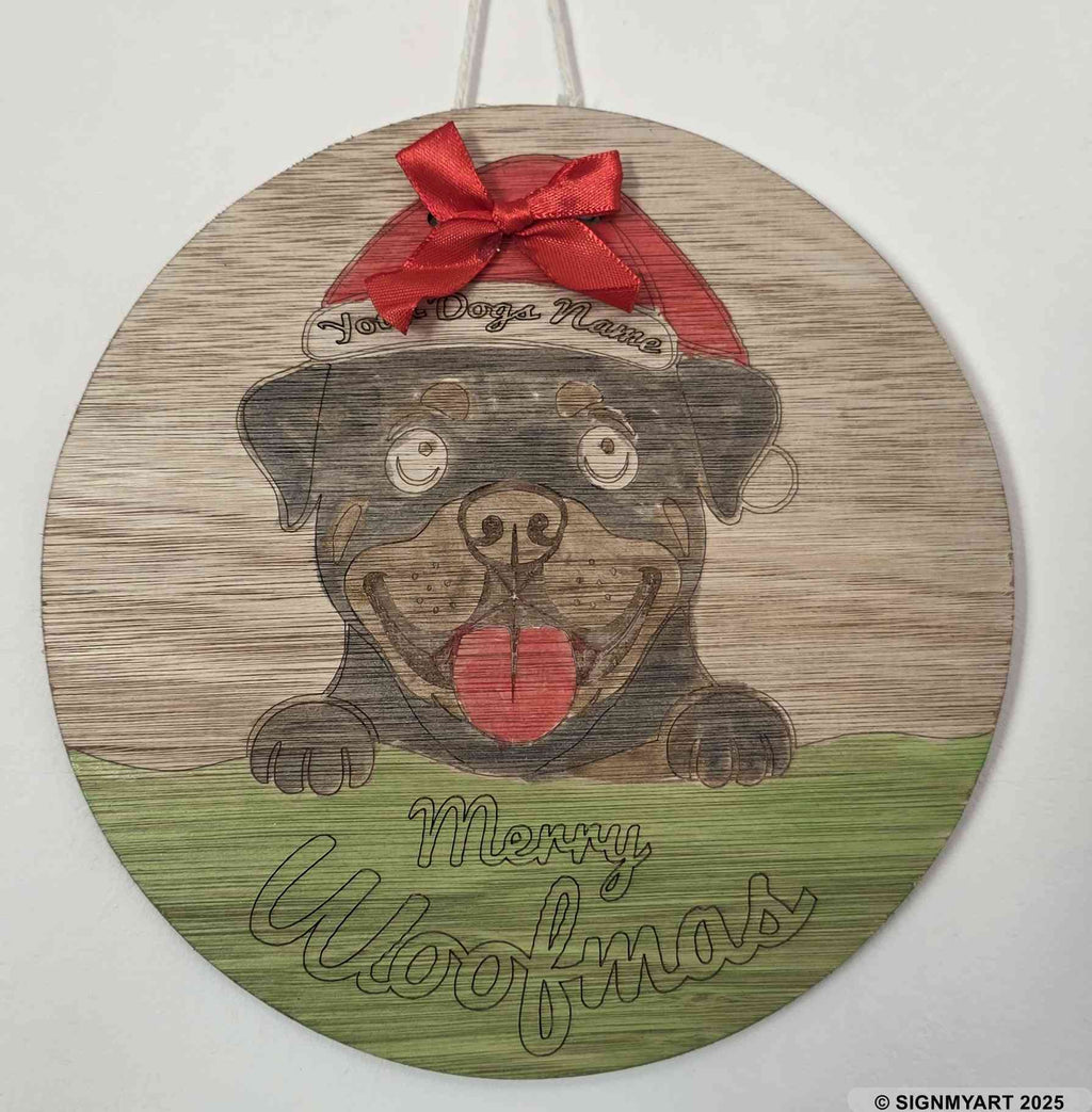 Personalised Merry Woofmas Rottweiler Sign – Custom Dog Name Christmas Bauble Plaque Decoration