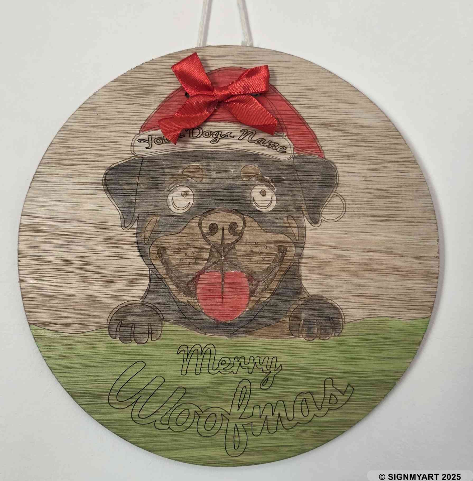 Personalised Merry Woofmas Rottweiler Sign – Custom Dog Name Christmas Bauble Plaque Decoration