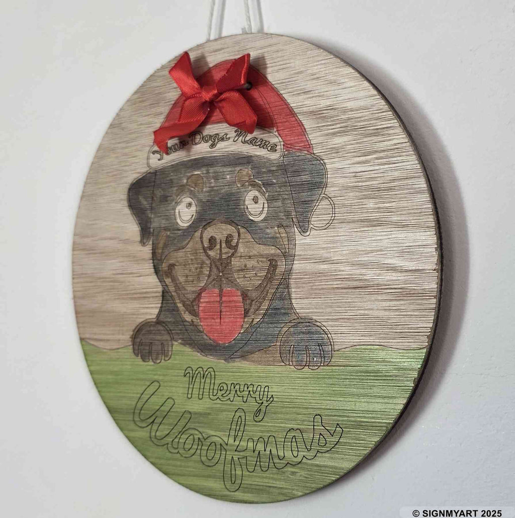 Personalised Merry Woofmas Rottweiler Sign – Custom Dog Name Christmas Bauble Plaque Decoration