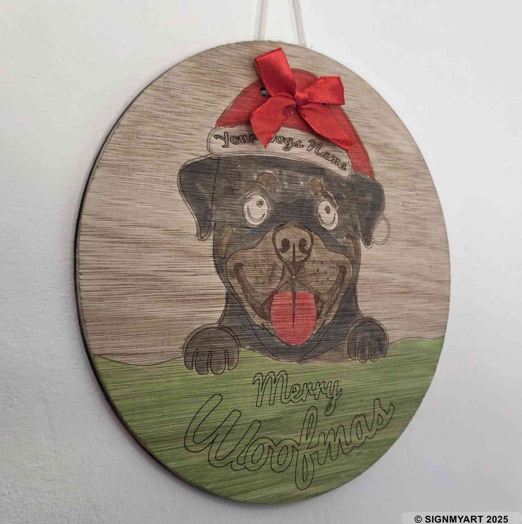 Personalised Merry Woofmas Rottweiler Sign – Custom Dog Name Christmas Bauble Plaque Decoration