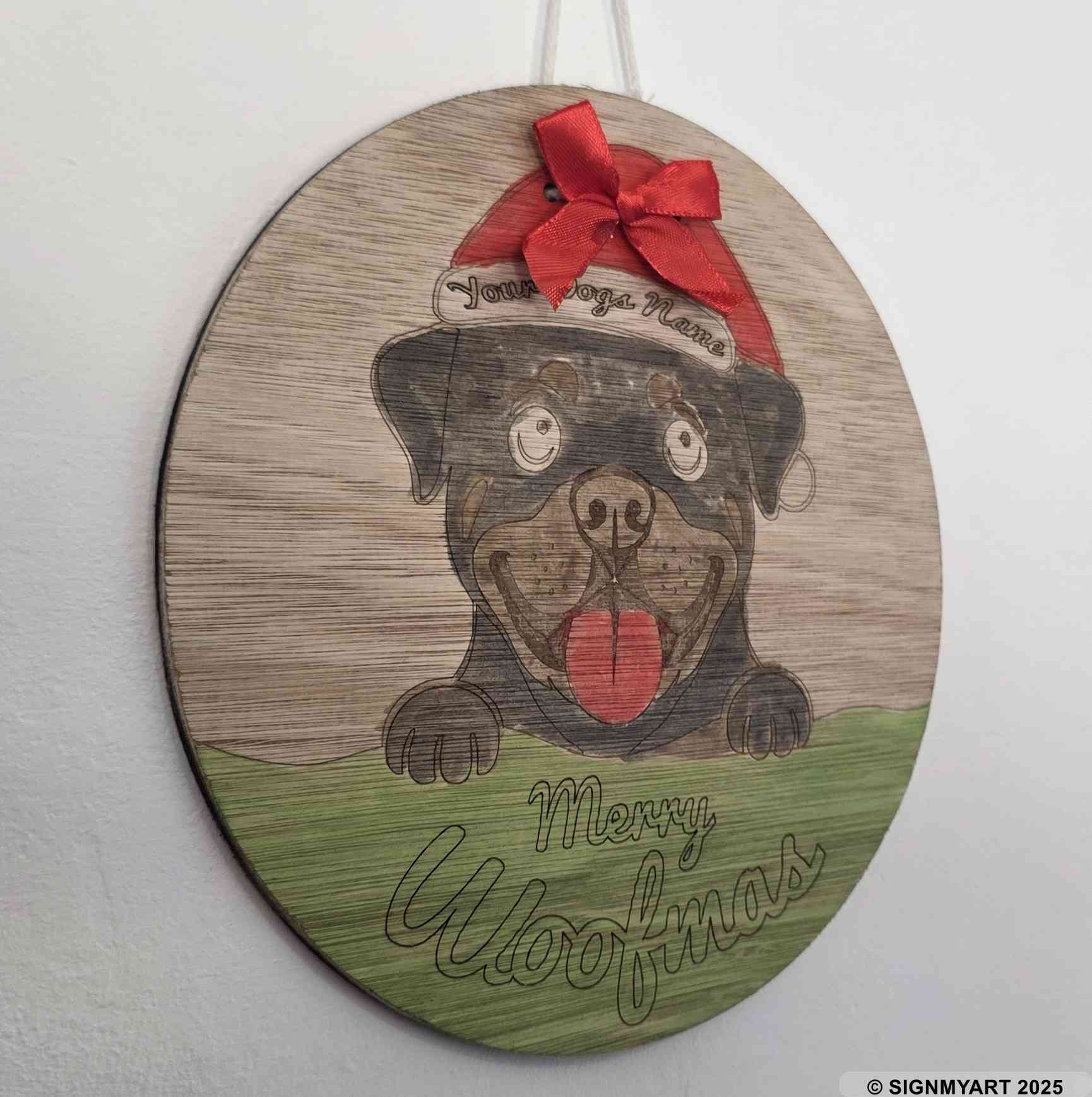 Personalised Merry Woofmas Rottweiler Sign – Custom Dog Name Christmas Bauble Plaque Decoration