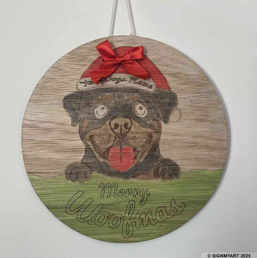 Personalised Merry Woofmas Rottweiler Sign – Custom Dog Name Christmas Bauble Plaque Decoration