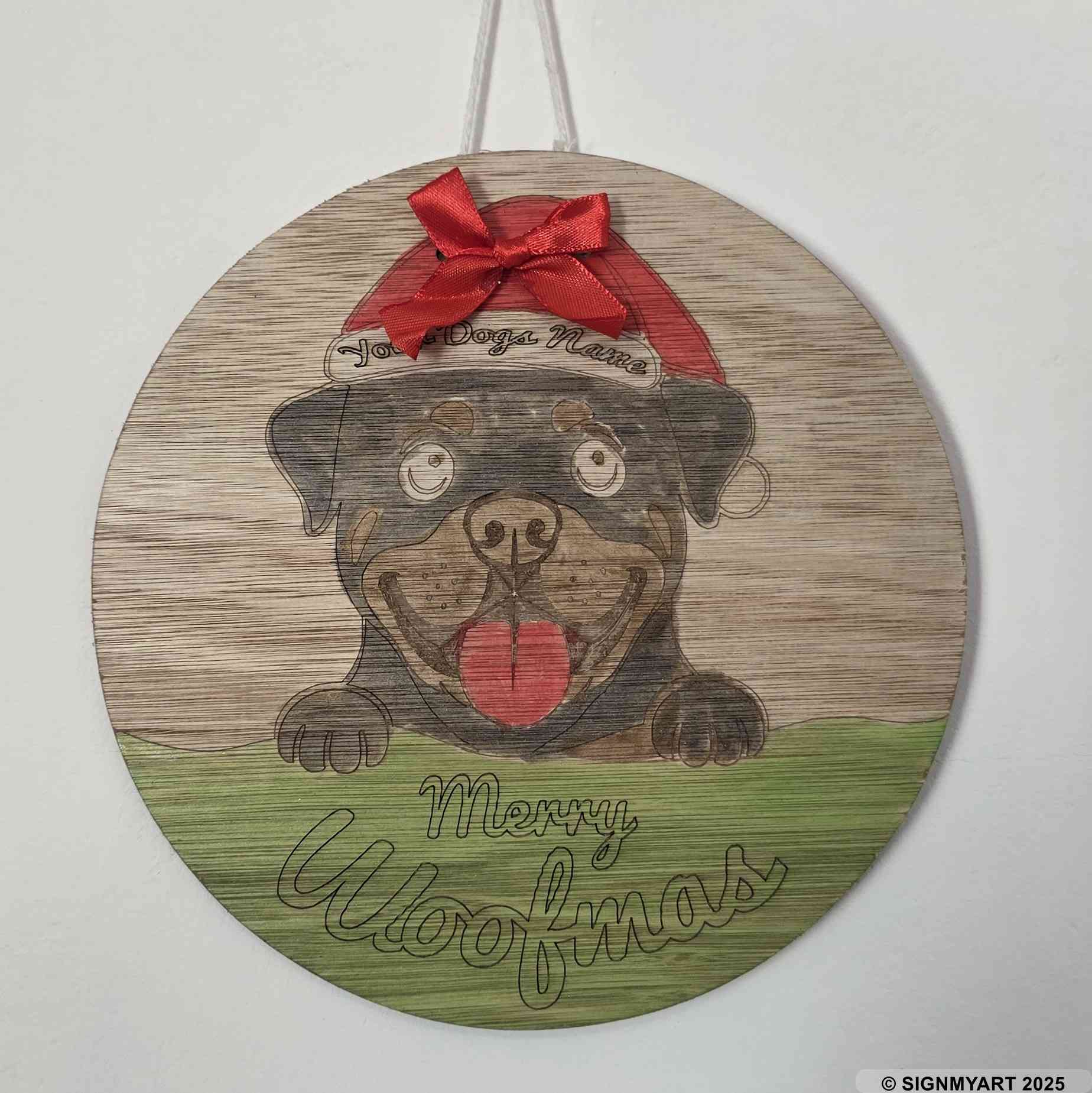Personalised Merry Woofmas Rottweiler Sign – Custom Dog Name Christmas Bauble Plaque Decoration