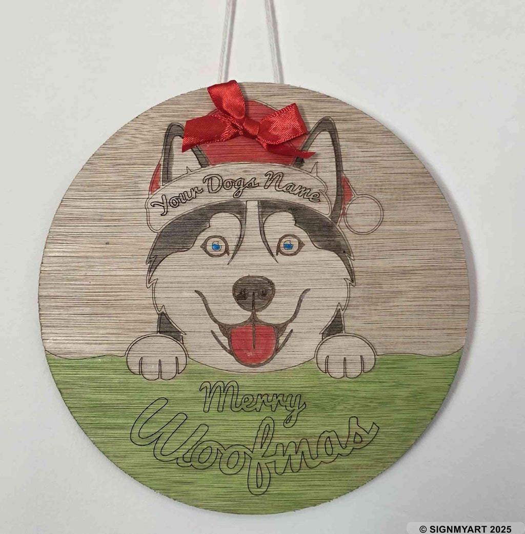 Personalised Merry Woofmas Alaskan Husky Sign – Custom Dog Name Christmas Bauble Plaque Decoration