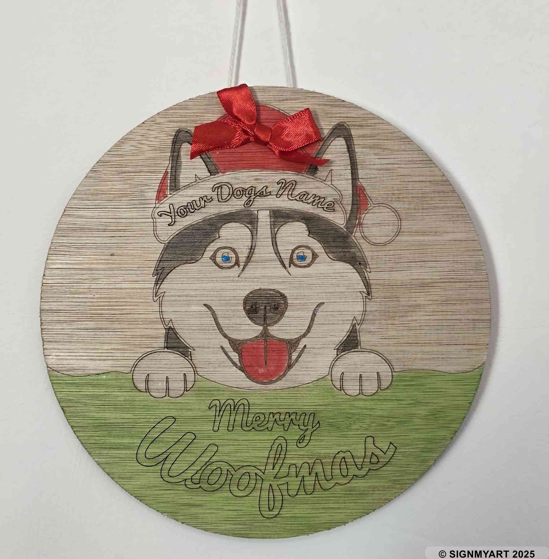 Personalised Merry Woofmas Alaskan Husky Sign – Custom Dog Name Christmas Bauble Plaque Decoration