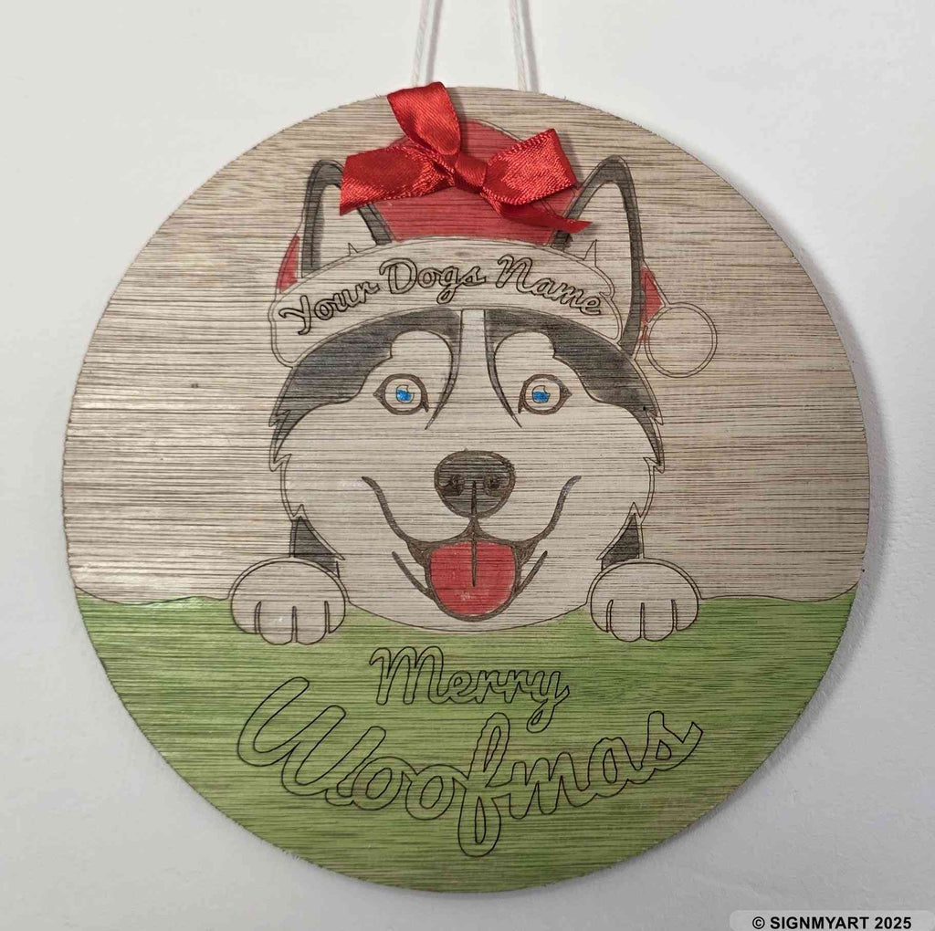 Personalised Merry Woofmas Alaskan Husky Sign – Custom Dog Name Christmas Bauble Plaque Decoration