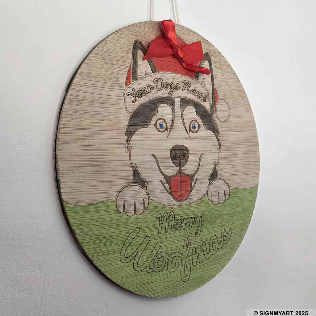 Personalised Merry Woofmas Alaskan Husky Sign – Custom Dog Name Christmas Bauble Plaque Decoration