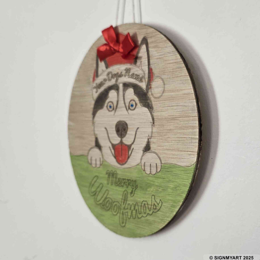 Personalised Merry Woofmas Alaskan Husky Sign – Custom Dog Name Christmas Bauble Plaque Decoration