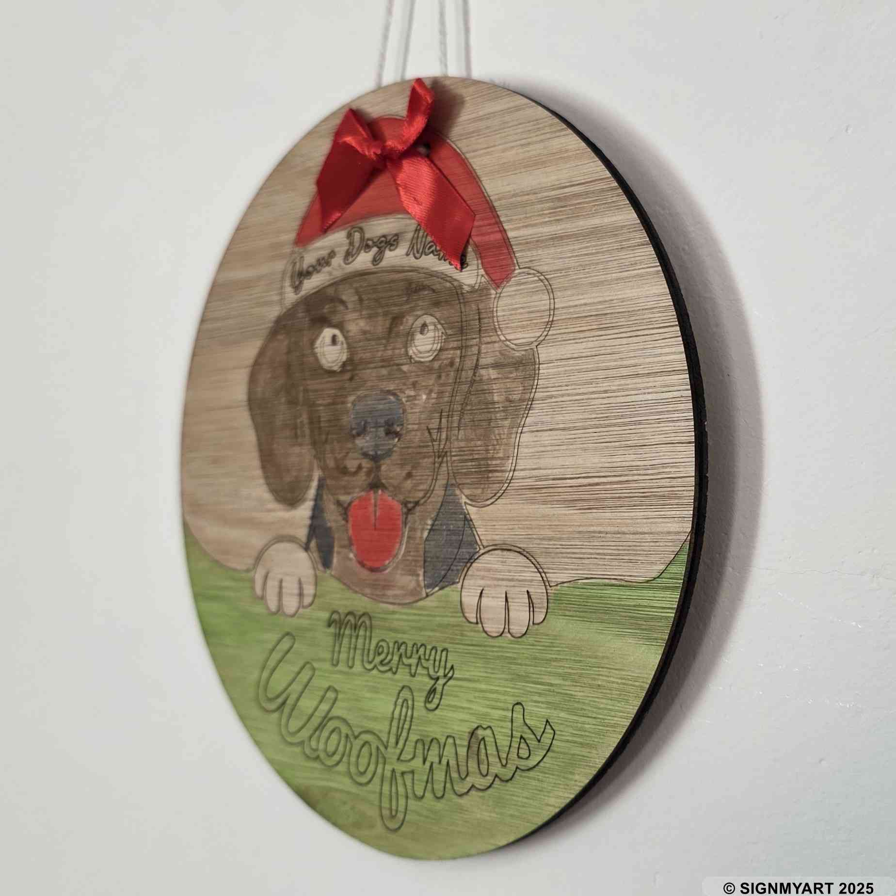 Personalised Merry Woofmas Beagle Sign – Custom Dog Name Christmas Bauble Plaque Decoration